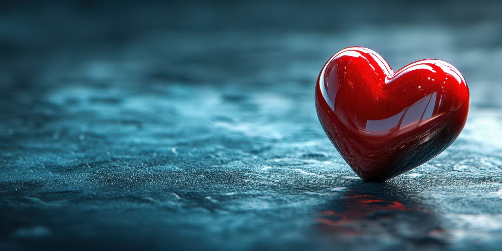Glossy red heart on a textured surface with cool lighting in a serene environment